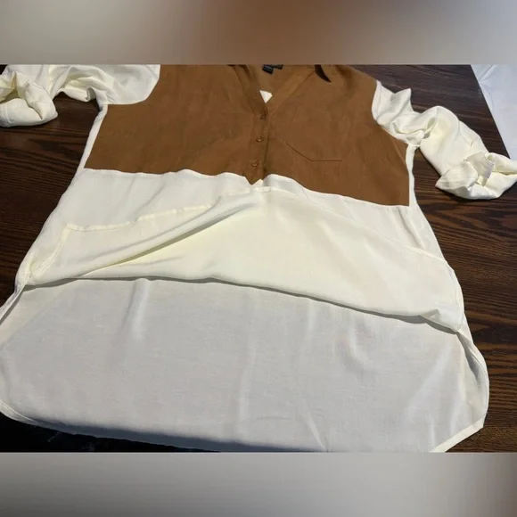 August Silk Women’s L Blouse Faux Suede Brown Cream Western Neutral Career EUC - Picture 9 of 16